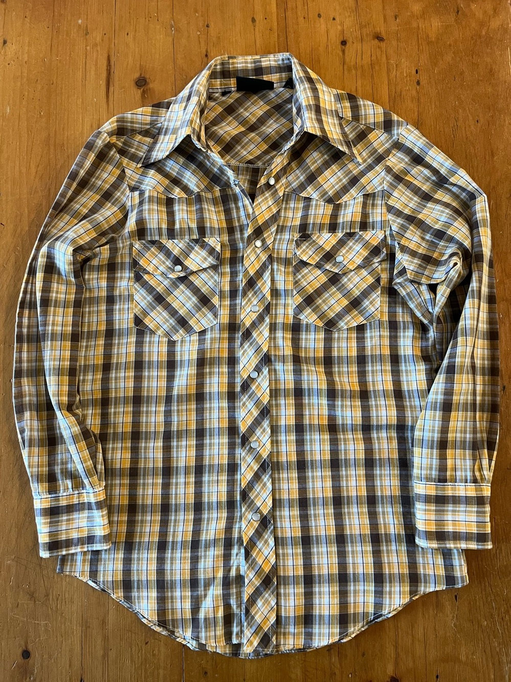 Joseph Laurin 1970s Western Yellow Brown Check Pearl Snap Buttons Long Sleeve